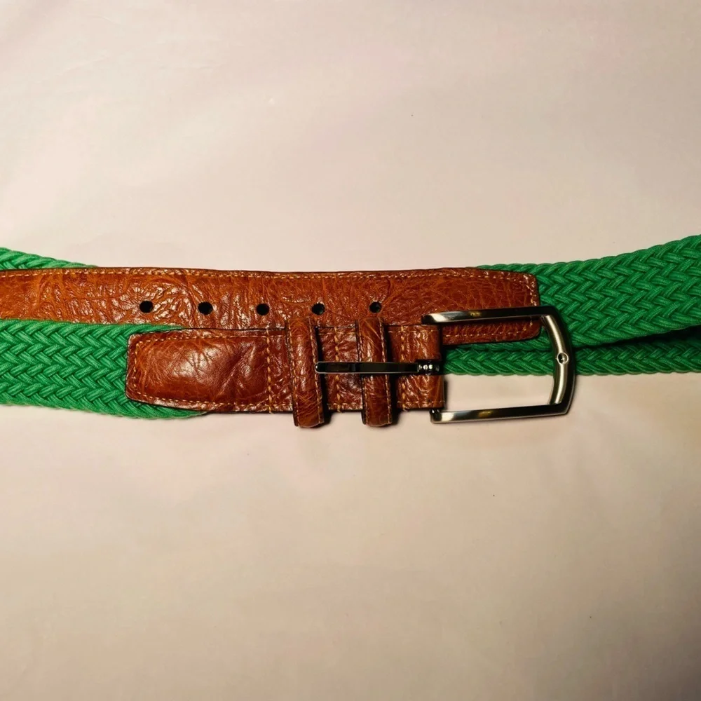 Torino Men's Green Knit Woven Stretch Belt Sz 38 69503 USA Italian Leather GOLF